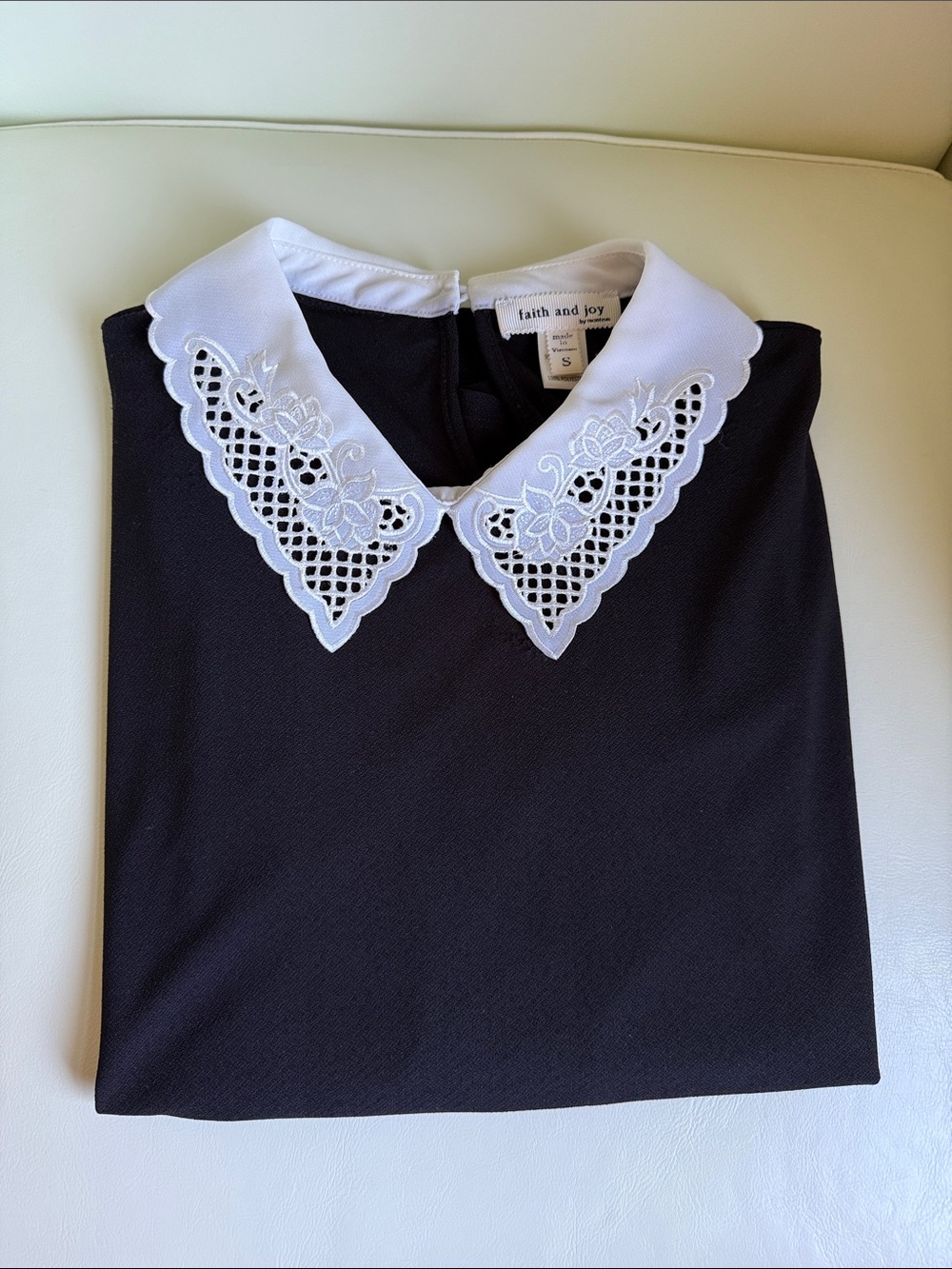 Faith and Joy Black Top with Scalloped White Embroidered Collar